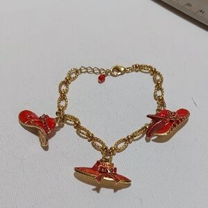 Avon Gold Tone Enameled Red Hat Society Charms Charmed Chain Bracelet